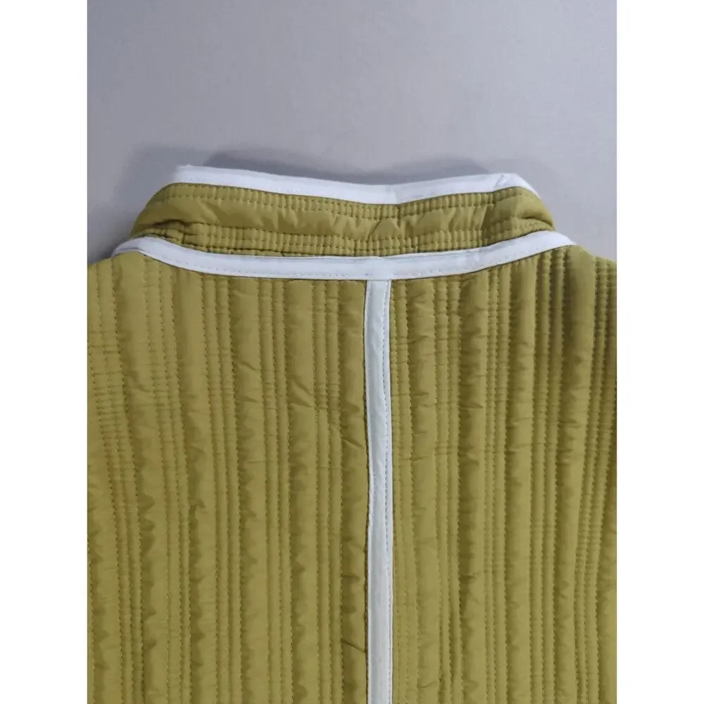 Quilted Colorblock Jacket Womens Olive Gray White Trim Boxy Cropped Coat